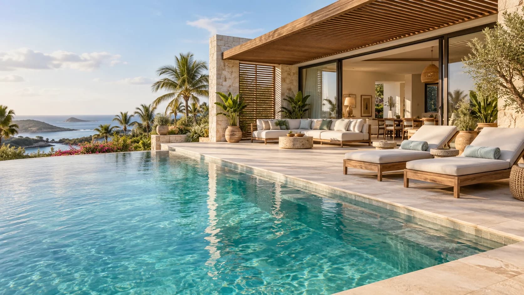 A sunlit vacation villa with a private pool and an open terrace